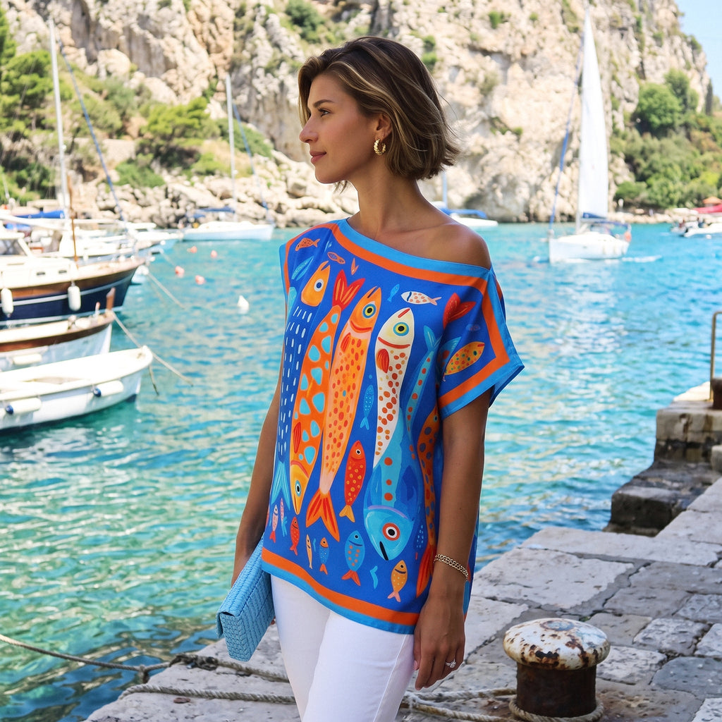 Houita, relaxed-fit summer top with a fish print