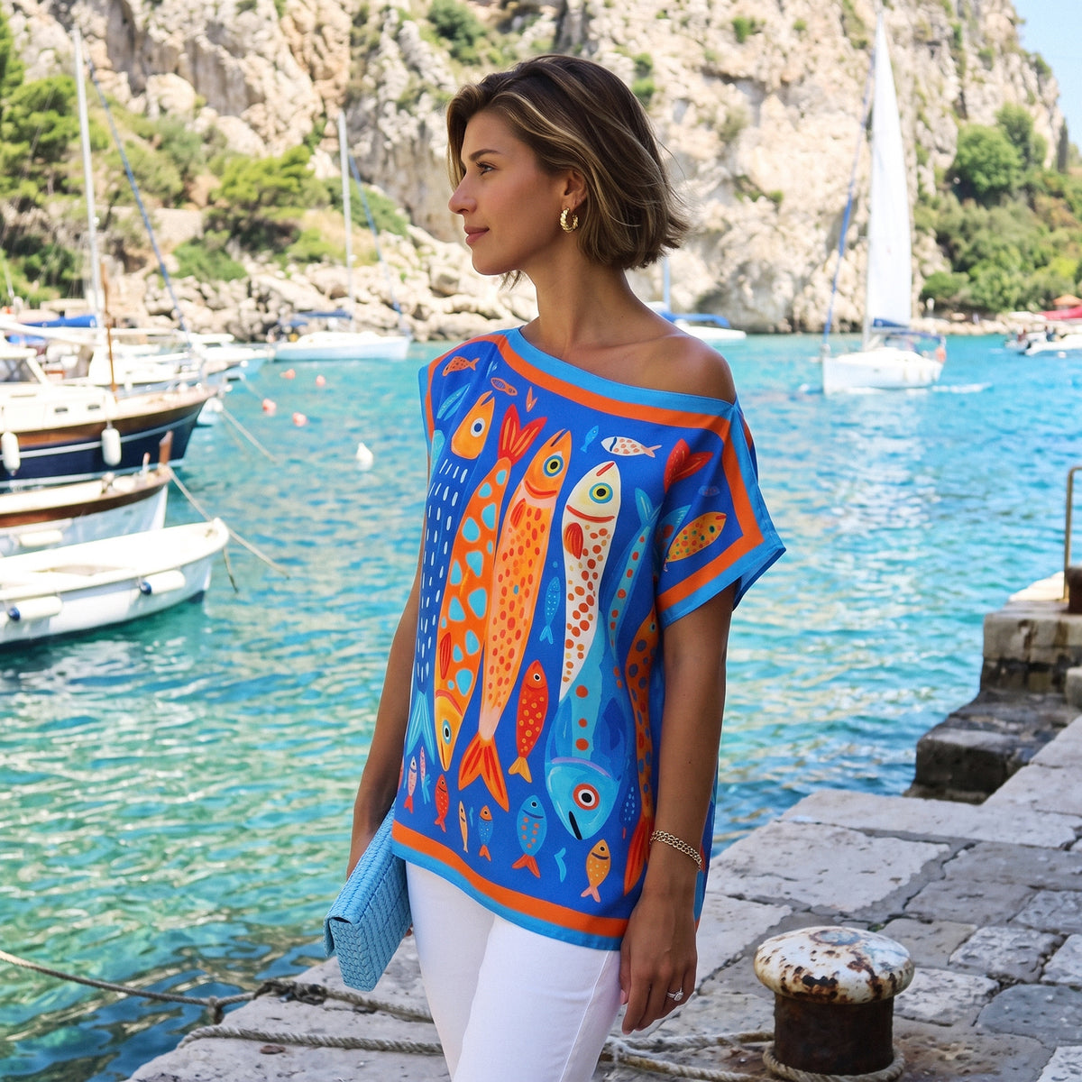 Houita, relaxed-fit summer top with a fish print