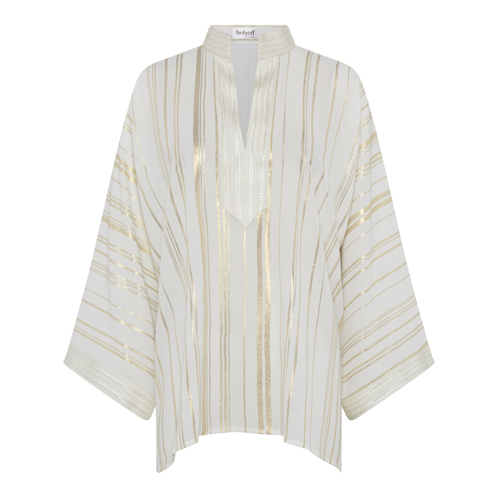 A white kaftan-style tunic with metallic gold vertical stripes, featuring a high collar and wide sleeves, shown against a plain white background.