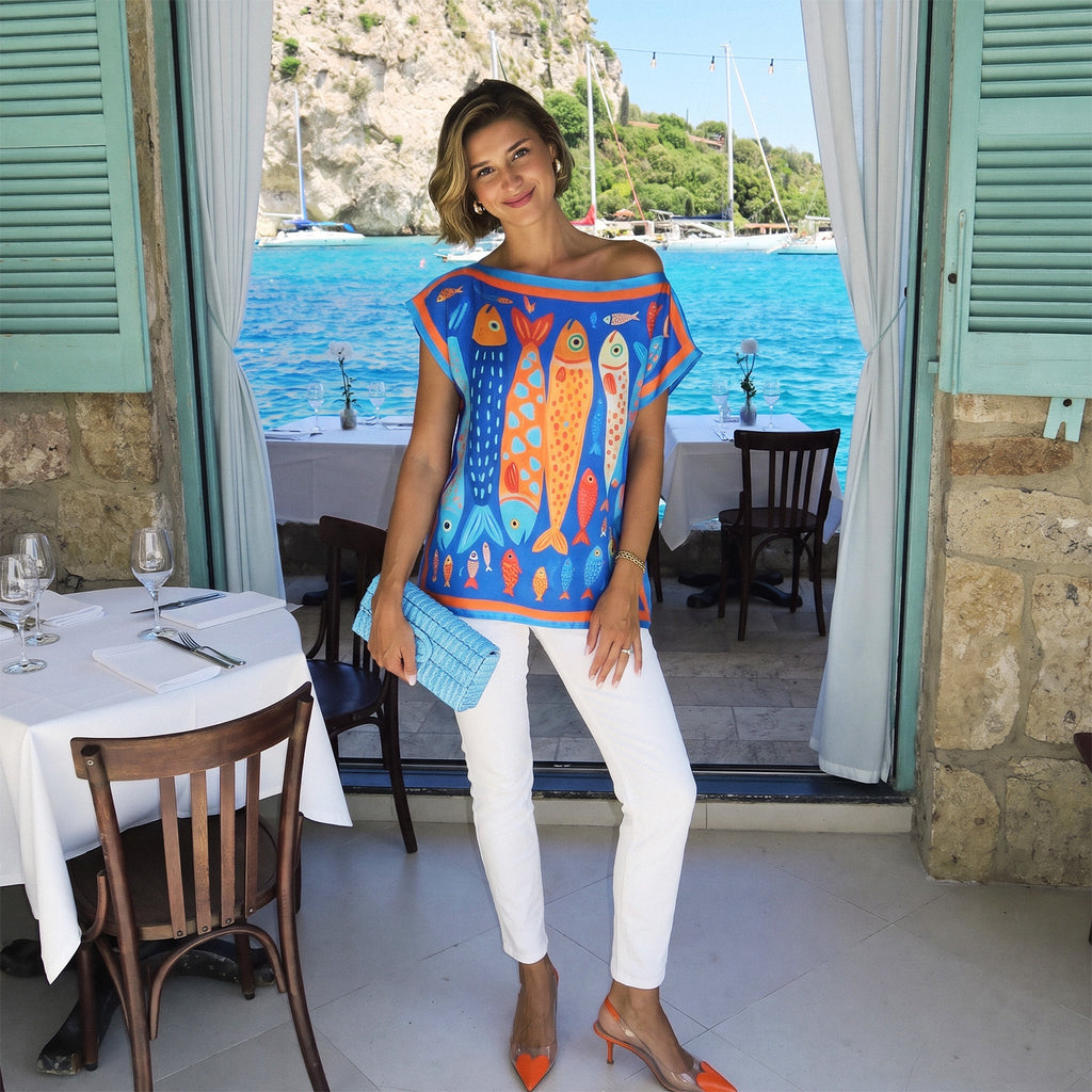 Houita, relaxed-fit summer top with a fish print